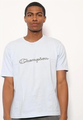 VINTAGE CHAMPION BIG LOGO SPELLOUT T-SHIRT LIGHT BLUE