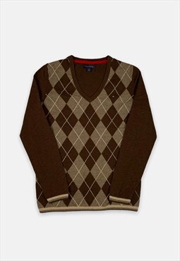 Vintage Tommy Hilfiger brown embroidered argyle jumper