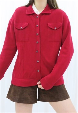 90s Vintage Red Collared Cardigan Jumper