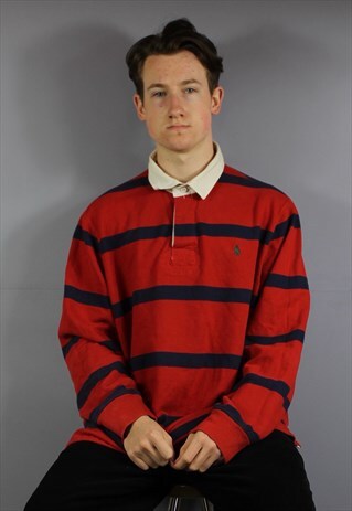 VINTAGE POLO RALPH LAUREN RUGBY POLO SHIRT IN RED AND NAVY S