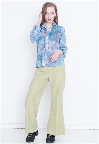 VINTAGE BLUE FLORAL PATTERNED LONG SLEEVE RETRO SHIRT