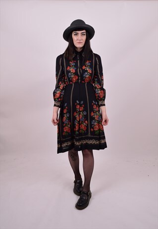 VINTAGE 80'S CUTE BLACK RED POPPY PRINT DRESS SIZE 8 10 12