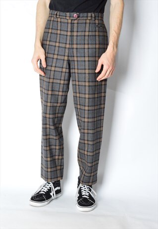 VINTAGE 90S UNISEX GREY CHECK WOOL BLEND PANTS