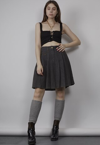 RARE VINTAGE 90'S MOSCHINO DARK GREY DENIM PLEATED SKIRT
