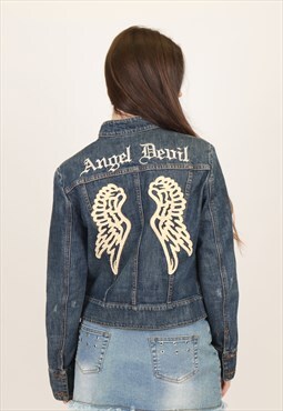 Vintage Y2K Angel Devil Embroidered Denim Jacket in Blue