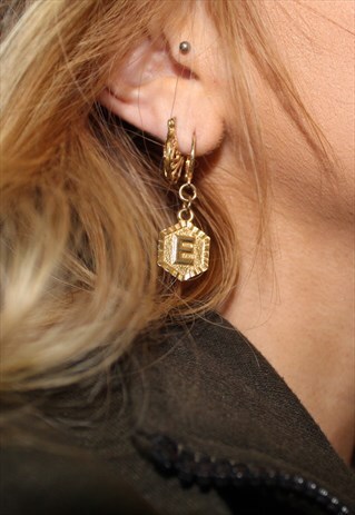 INITIAL CHARM HUGGIE HOOP EARRINGS GOLD PLATED