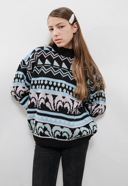 Vintage 80s Nordic Abstract Boxy High Neck Knit Jumper M