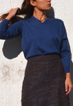 Blue merino wool v neck pullover,sweater.