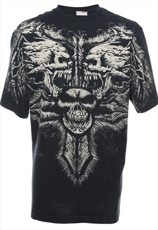VINTAGE BLACK & GREY SKULL DESIGN PRINTED T-SHIRT - XL