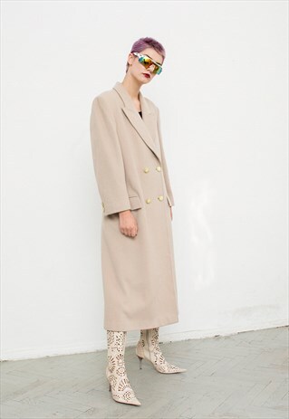 VINTAGE MAXI WOOL COAT RETRO 90S LIGHT BEIGE LONG SLEEVED
