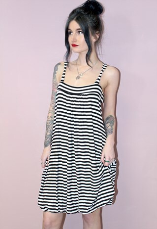 90S VINTAGE STYLE BLACK & WHITE STRIPED CASUAL SUMMER DRESS