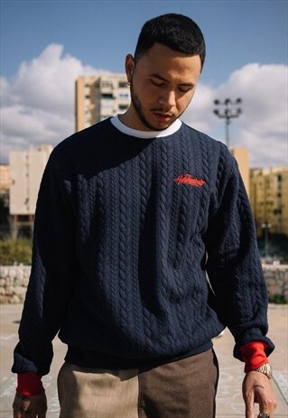 HANDMADE CABLE STITCH SWEAT IN NAVY WITH EMBROIDERED LOGO