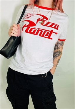Cute 00s Y2K Disney Pizza Planet Graphic White T-Shirt