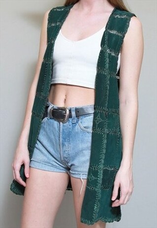 VINTAGE 1970'S EMERALD GREEN SUEDE PATCH LONG LINE GILET