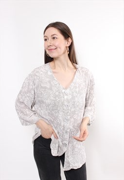 90s v-neck floral blouse, vintage gray color flowers print 