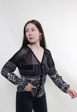 Vintage 90s black sheer blouse, abstract crop blouse