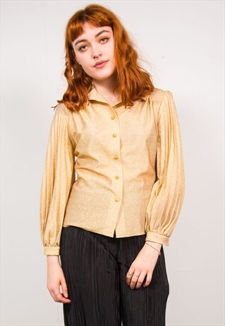 VINTAGE 70'S GOLD METALIC GLITTERY PUFFY SLEEVED BLOUSE