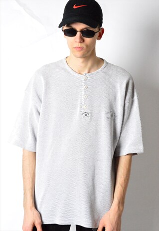 VINTAGE 90S GREY EMBROIDERED 1/3 BUTTON TEXTURED THICK SHIRT