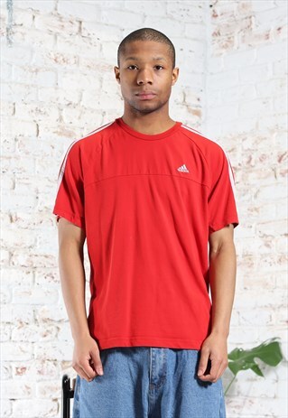 Vintage Adidas Embroidered Logo 3 Stripe T-Shirt Red