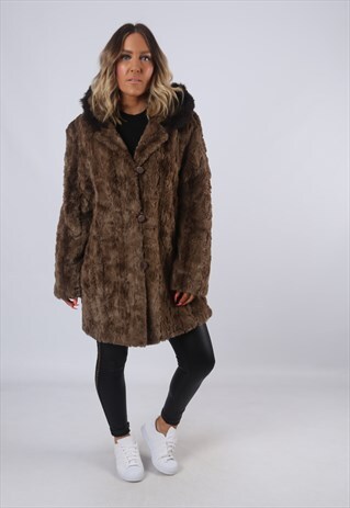 FAUX FUR HOODED COAT JACKET VINTAGE UK 14 (A9I)