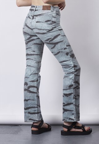 VINTAGE Y2K CAVALLI BLUE ZEBRA PRINT FLARED JEANS