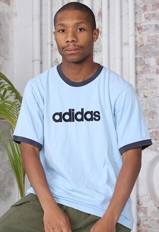 VINTAGE ADIDAS BIG LOGO SPELLOUT T-SHIRT LIGHT BLUE