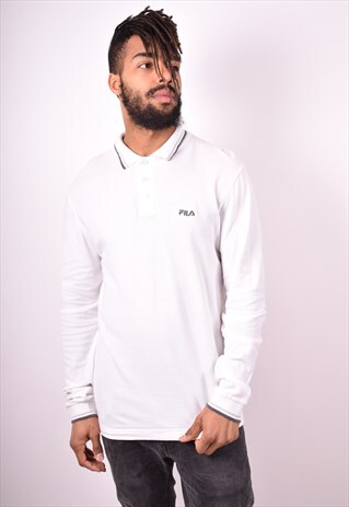 FILA MENS VINTAGE POLO SHIRT LONG SLEEVE LARGE WHITE 90S