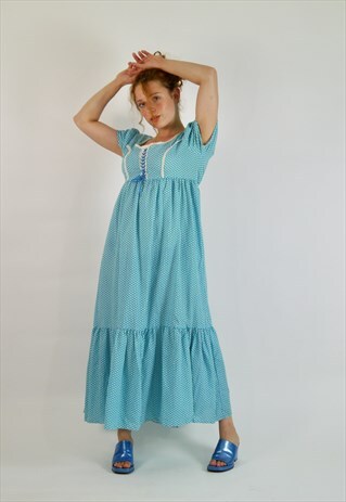 VINTAGE 70S PRAIRIE POLKA DOT BLUE TIERED MAXI DRESS