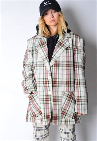 VINTAGE 80S COLOURFUL CHECK LINEN BLEND BLAZER JACKET