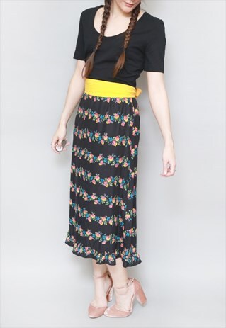 VINTAGE 1970'S BLACK FLORAL PRINT MIDI DRESS