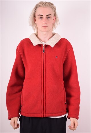 TOMMY HILFIGER MENS VINTAGE FLEECE JACKET LARGE RED 90S