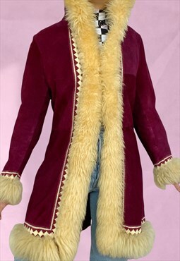 Vintage 70s Afghan Suede Coat with Fur Trim in Purple 8