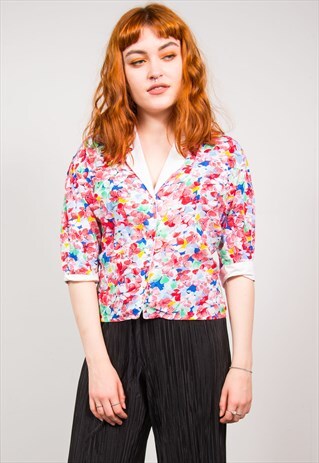 VINTAGE 90'S RED FLORAL PRINT OPEN COLLAR BLOUSE SHIRT