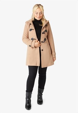 Camel Hooded Toggle Fastened Slim Fit Coat