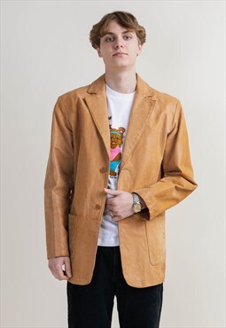 Vintage Y2k Minimal Button Up Brown Leather Unisex Jacket M