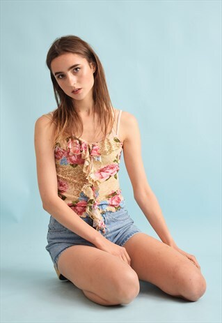 90'S RETRO KITSCH FLORAL PRINT FESTIVAL MESH DRAPED TOP