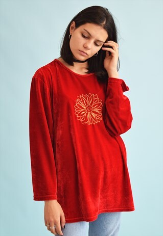 90'S RETRO OVERSIZED VELVET EMBROIDERY BLOUSE TOP