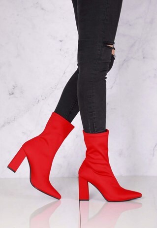 BLOCKHEEL SLIP 0N ANKLEBOOT IN RED LYCRA