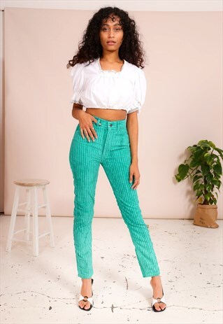 VINTAGE 80S GREEN CORDUROY SKINNY LEE TROUSERS