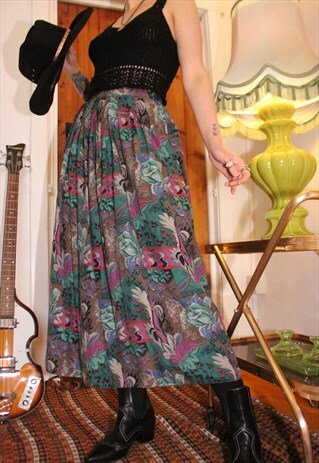 Vintage 80s Abstract Floral Pattern Maxi Skirt