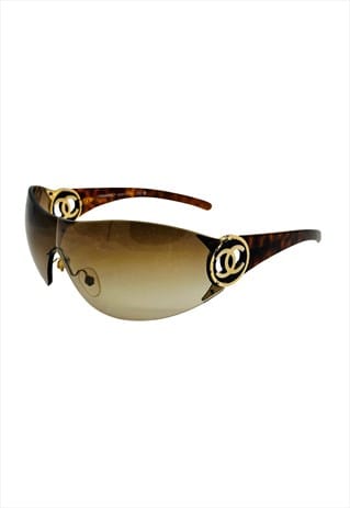 Chanel Sunglasses Shield Rimless Oversized Brown Gold CC