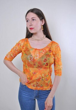 Women vintage orange transparent floral summer blouse 