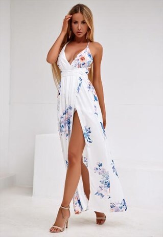 WHITE & BABY BLUE FLORAL PRINT MAXI DRESS