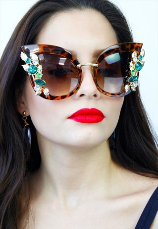 TORTOISE SHELL JEWEL CATS EYE OVERSIZED SUNGLASSES