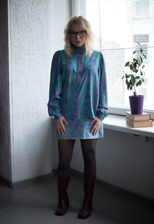 VINTAGE 80'S MULTICOLOUR ABSTRACT PRINT HIGH COLLAR BLOUSE