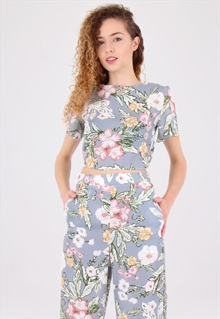 BLUE FLORAL PRINT TIE BACK CROP TOP