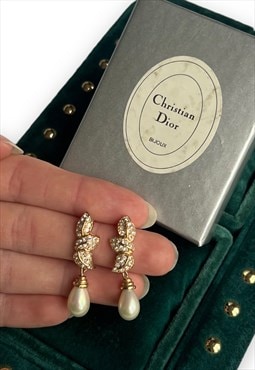 Vintage Dior earrings drop gold tone faux pearl diamante