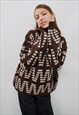 VINTAGE 70S CHIC ABSTRACT HIGH NECK BOXY KNIT JUMPER WOMEN L