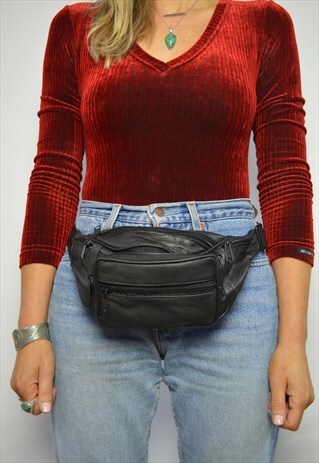 VINTAGE 90S BLACK LEATHER BUM BAG FANNY PACK GRUNGE RETRO