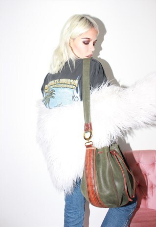 VINTAGE 90S MOSS GREEN LEATHER DRAWSTRING HANDBAG